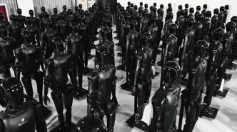 Rows of black AgiBot Expedition A2 humanoid robots standing on stands inside an AgiBot facility