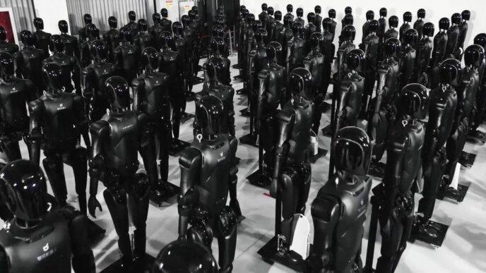 Rows of black AgiBot Expedition A2 humanoid robots standing on stands inside an AgiBot facility