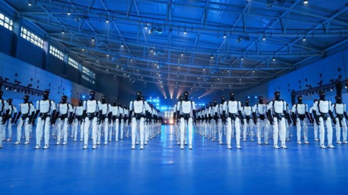 Rows of AgiBot Expedition A3 humanoid robots, white bodies with black heads, standing in formation on a blue-lit floor inside a large hall with a steel-truss roof