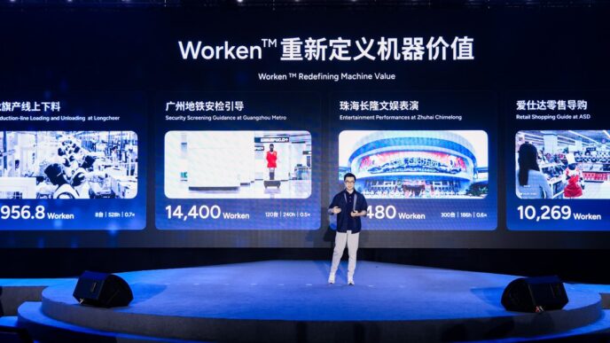 AgiBot co-founder Peng Zhihui on a stage in front of a large screen titled Worken Redefining Machine Value, showing four robot deployment panels with Worken scores