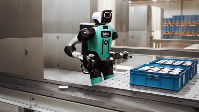 Agility Robotics' teal and black Digit 5 humanoid with a white head standing at a factory workbench beside two blue totes of metal parts