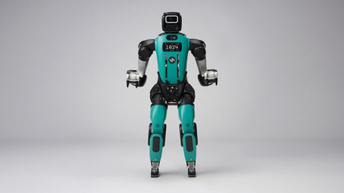 Agility Robotics Digit 5 humanoid robot standing front-facing in a gray studio, teal torso and black head with chest display
