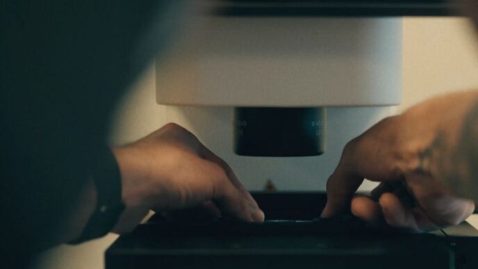 Close-up of two hands loading a sample into a laboratory microscope