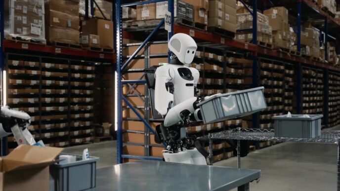 Apptronik Apollo humanoid robot lifting a grey tote in a warehouse aisle lined with shelving