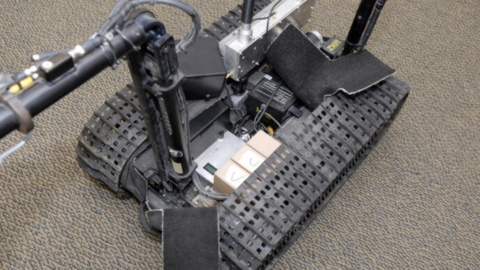 Top-down view of a tracked TALON bomb-disposal robot with its equipment bay open, showing two tan modules, wiring and electronics between black rubber tracks on a grey carpet