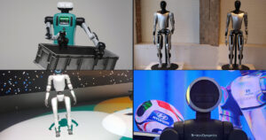 Four-photo grid of humanoid robots: a teal-torso Agility Robotics Digit carrying a grey tote, two silver-and-black Tesla Optimus prototypes on pedestals, a Unitree G1 on a lit stage, and a Boston Dynamics Atlas with a ring-lit head