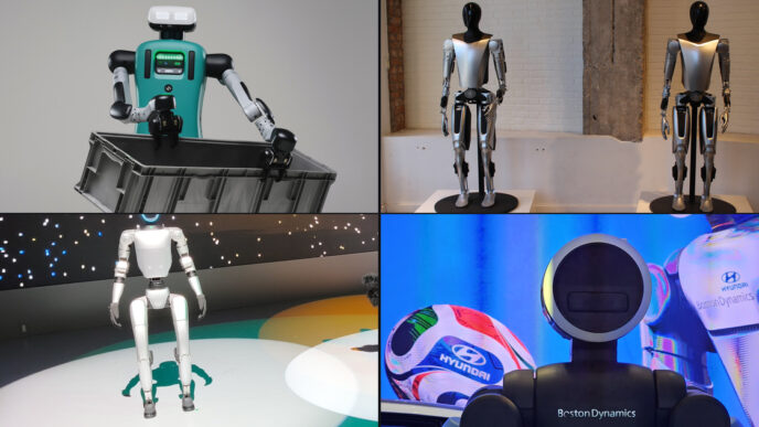 Four-photo grid of humanoid robots: a teal-torso Agility Robotics Digit carrying a grey tote, two silver-and-black Tesla Optimus prototypes on pedestals, a Unitree G1 on a lit stage, and a Boston Dynamics Atlas with a ring-lit head