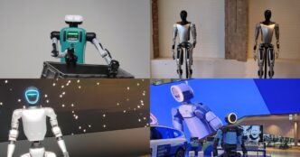 Four-photo grid of humanoid robots: a teal-torso Agility Robotics Digit behind a grey tote, two silver-and-black Tesla Optimus prototypes on pedestals, a Unitree G1 on a lit stage, and a blue-and-black Boston Dynamics Atlas with a ring-lit head