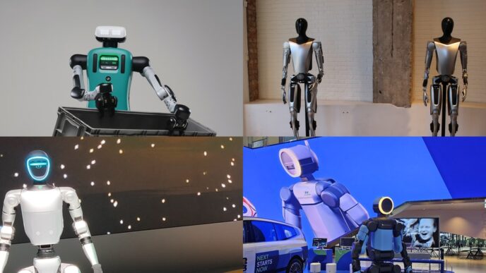 Four-photo grid of humanoid robots: a teal-torso Agility Robotics Digit behind a grey tote, two silver-and-black Tesla Optimus prototypes on pedestals, a Unitree G1 on a lit stage, and a blue-and-black Boston Dynamics Atlas with a ring-lit head