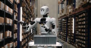 Apptronik Apollo humanoid robot in a warehouse aisle reaching toward shelving while holding a barcode scanner, head visible