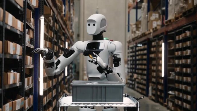 Apptronik Apollo humanoid robot in a warehouse aisle reaching toward shelving while holding a barcode scanner, head visible