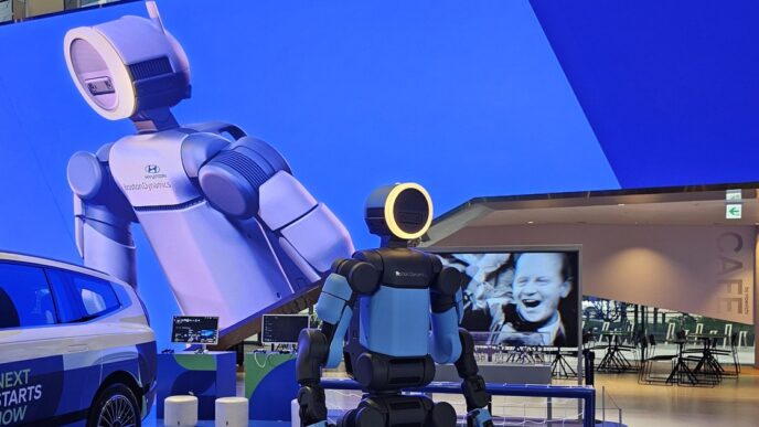 Boston Dynamics' blue-and-black electric Atlas humanoid with a ring-lit head, seen from behind in front of a giant LED-wall image of Atlas at Hyundai Motorstudio Goyang