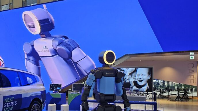 Boston Dynamics' electric Atlas humanoid with a ring-lit head on a display platform at Hyundai Motorstudio Goyang, beside a Hyundai car and in front of a giant LED-wall image of Atlas