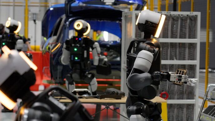 Several Boston Dynamics Atlas humanoid robots with glowing ring-lit heads handling parts at a work table beside a blue car body and parts racks, with a worker wearing a VR headset in the background