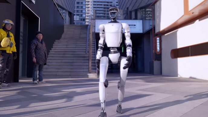 Unitree G1 humanoid robot walking across a city plaza while two pedestrians watch from a doorway