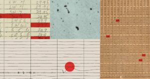 Collage of handwritten weather ledgers, a grainy blue scan and number grids with red highlights above a line chart with a red dot