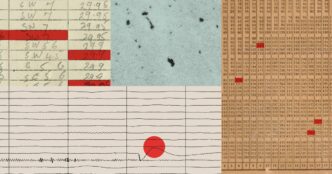 Collage of handwritten weather ledgers, a grainy blue scan and number grids with red highlights above a line chart with a red dot