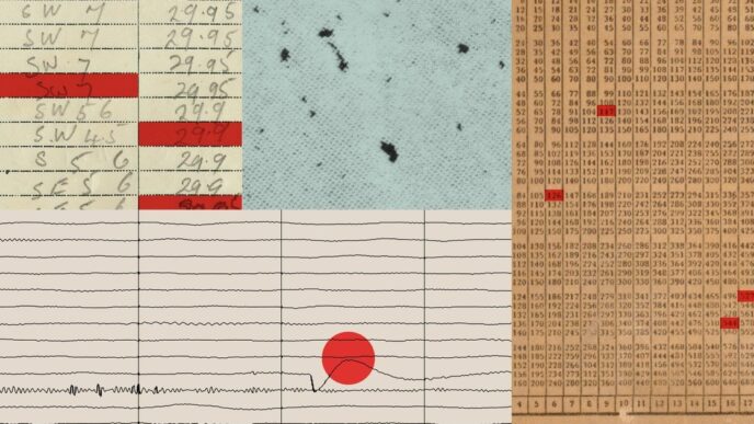 Collage of handwritten weather ledgers, a grainy blue scan and number grids with red highlights above a line chart with a red dot