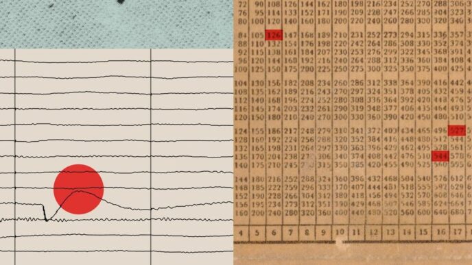 Collage artwork of a line chart marked with a red dot beside an old printed number table with several cells highlighted in red