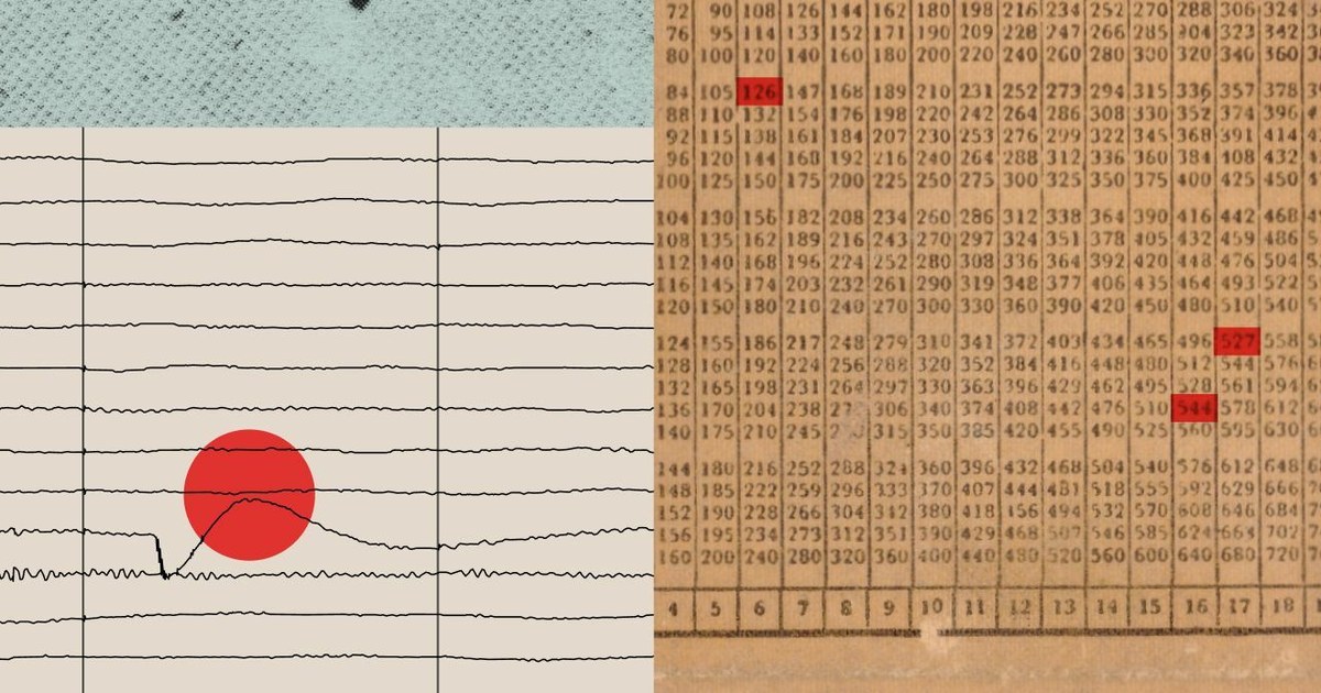 Collage artwork of a line chart marked with a red dot beside an old printed number table with several cells highlighted in red