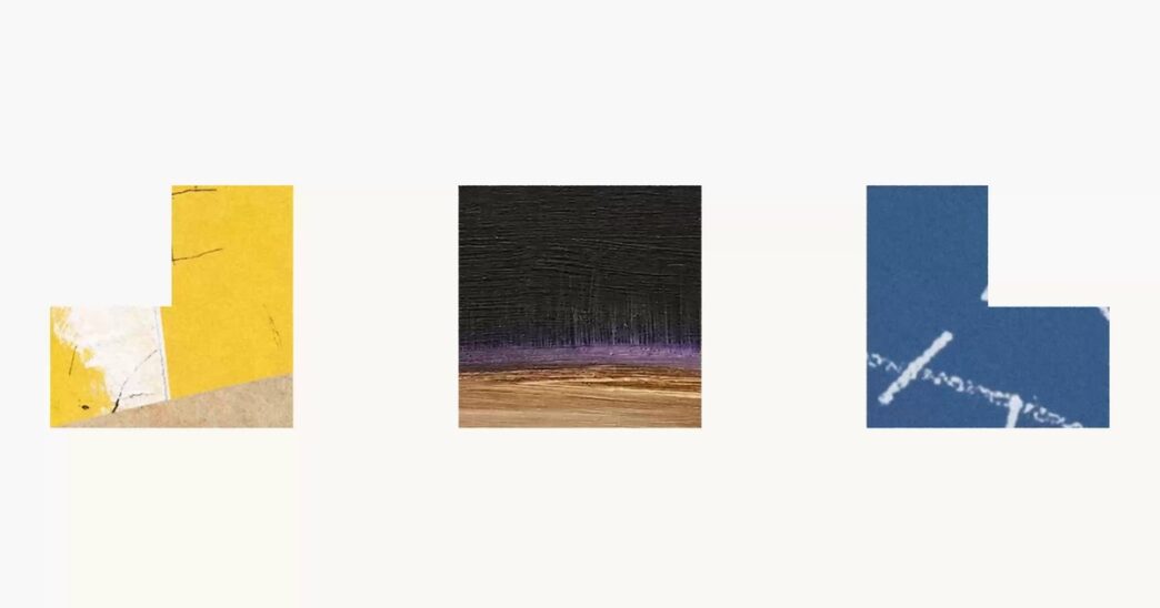 Three square collage tiles in yellow, charcoal and blue spaced across a cream background