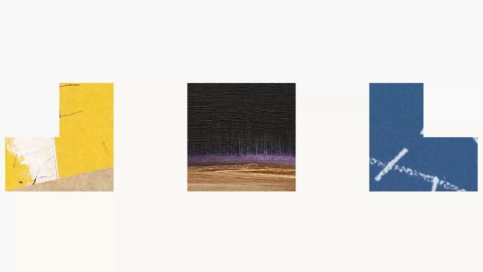 Three square collage tiles in yellow, charcoal and blue spaced across a cream background