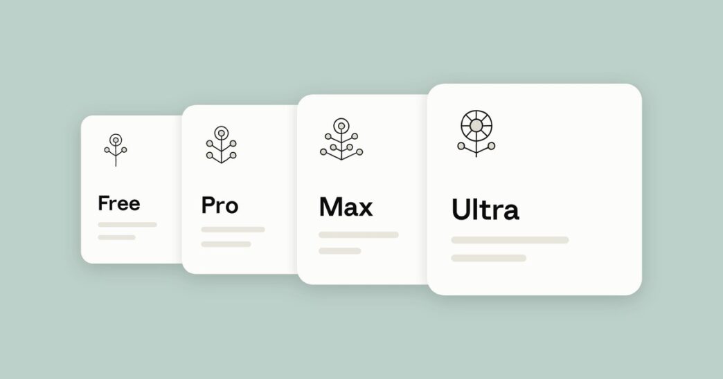 Anthropic's launch graphic showing four Claude plan cards labelled Free, Pro, Max and Ultra, each with a plant icon, on a sage green background