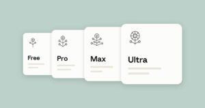 Anthropic's launch graphic showing four Claude plan cards labelled Free, Pro, Max and Ultra, each with a plant icon, on a sage green background