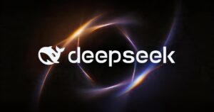 DeepSeek whale logo and wordmark in white over orange and violet light rings on a black background, DeepSeek's official social artwork