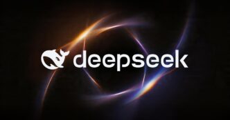 DeepSeek whale logo and wordmark in white over orange and violet light rings on a black background, DeepSeek's official social artwork