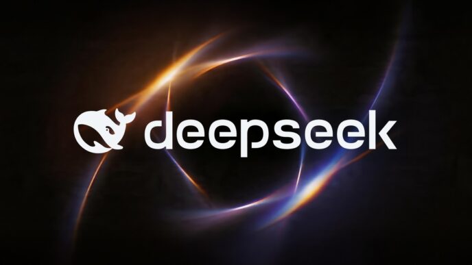 DeepSeek whale logo and wordmark in white over orange and violet light rings on a black background, DeepSeek's official social artwork