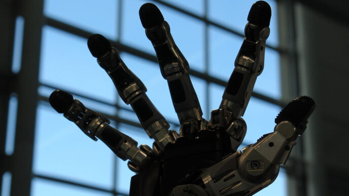 Black Schunk SVH five-finger robotic hand with its fingers spread, photographed against a bright window