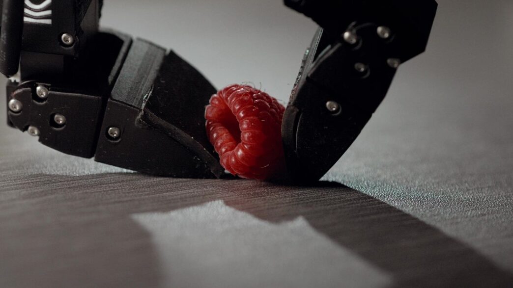 Eka Robotics' black two-finger gripper closing gently on a raspberry on a gray tabletop, in a slow-motion still from Eka's website