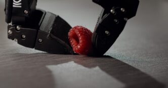 Eka Robotics' black two-finger gripper closing gently on a raspberry on a gray tabletop, in a slow-motion still from Eka's website