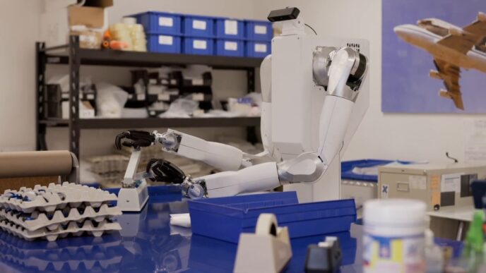 White two-armed Feather robot on a wheeled torso reaching across a blue workbench in a parts workshop