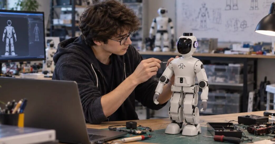 Small white FF Nova humanoid robot standing on a workbench while a developer adjusts it with a tool, laptop and robot schematics in the background