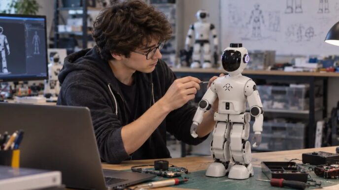 Small white FF Nova humanoid robot standing on a workbench while a developer adjusts it with a tool, laptop and robot schematics in the background