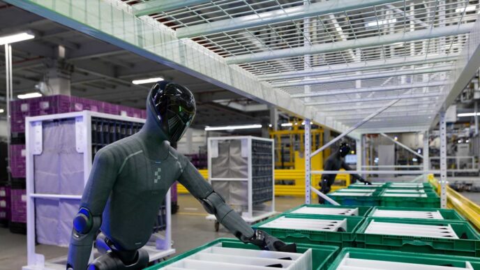Figure 03 (F.03) humanoid robot at BMW Group Plant Spartanburg reaching into a parts bin