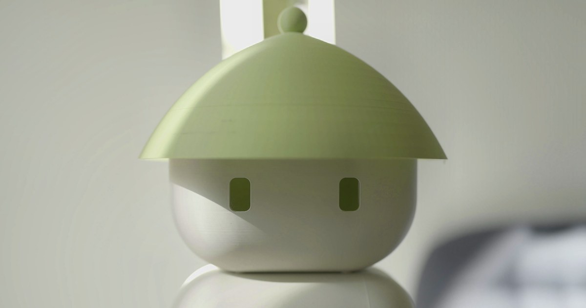 Close-up of the Flourish 1 home robot's round white head with two small rectangular eyes under a wide pale-green conical hat