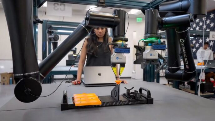A technician with long dark hair standing at a robot work cell with a laptop, under black ceiling-mounted robot arms, with orange parts in a fixture on the bench and an American flag in the background