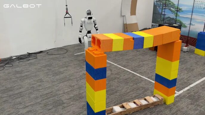 White Galbot humanoid robot stands behind an arch of oversized orange, yellow and blue blocks in a lab with a GALBOT watermark