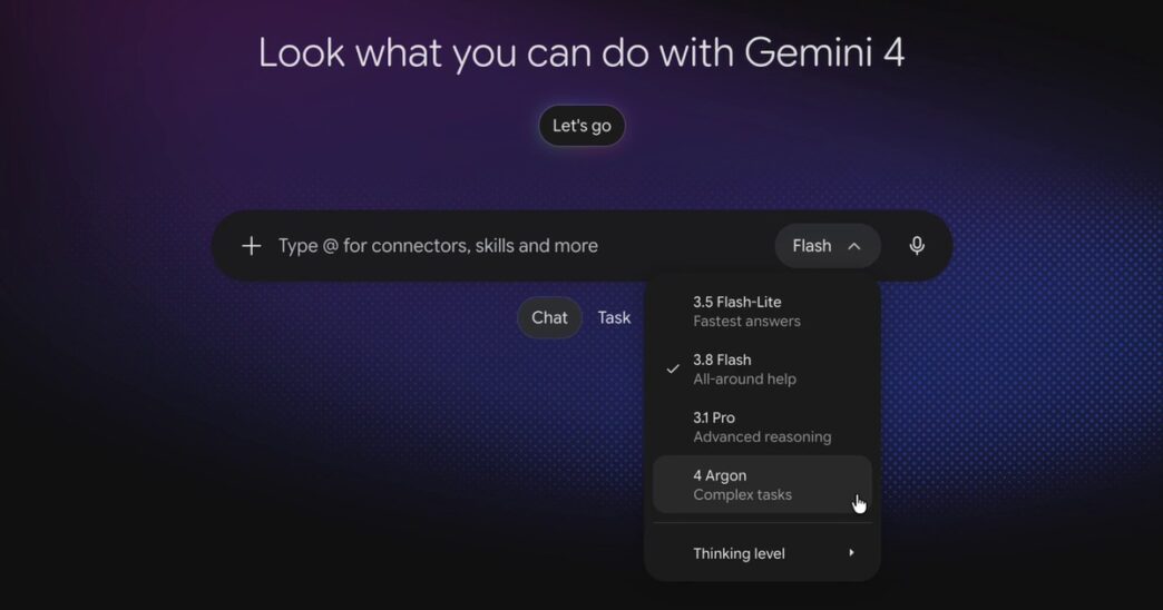 Gemini app chat screen reading "Look what you can do with Gemini 4" with the model picker open and "4 Argon, Complex tasks" highlighted below 3.5 Flash-Lite, 3.8 Flash and 3.1 Pro