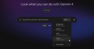 Gemini app chat screen reading "Look what you can do with Gemini 4" with the model picker open and "4 Argon, Complex tasks" highlighted below 3.5 Flash-Lite, 3.8 Flash and 3.1 Pro