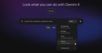 Gemini app chat screen reading "Look what you can do with Gemini 4" with the model picker open and "4 Argon, Complex tasks" highlighted below 3.5 Flash-Lite, 3.8 Flash and 3.1 Pro