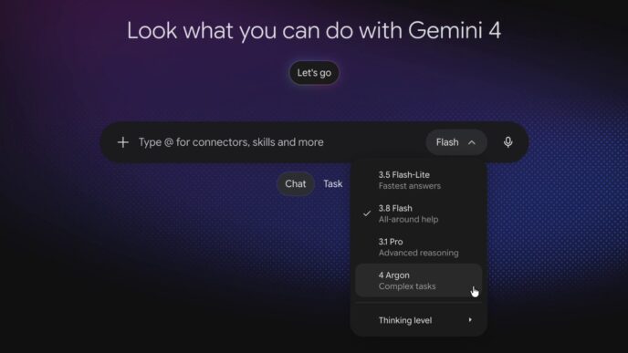 Gemini app chat screen reading "Look what you can do with Gemini 4" with the model picker open and "4 Argon, Complex tasks" highlighted below 3.5 Flash-Lite, 3.8 Flash and 3.1 Pro