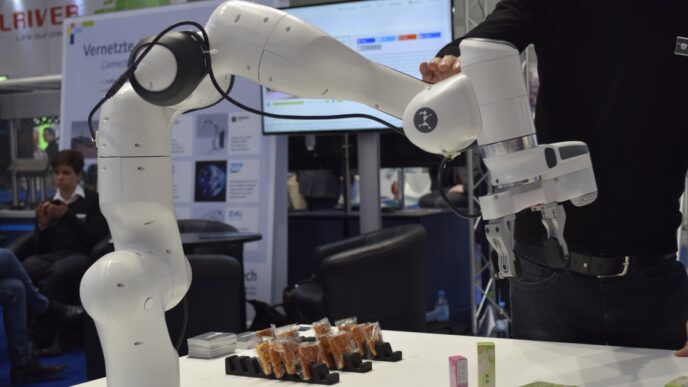 White Franka Emika collaborative robot arm with a parallel gripper over snack packages on a trade-show table