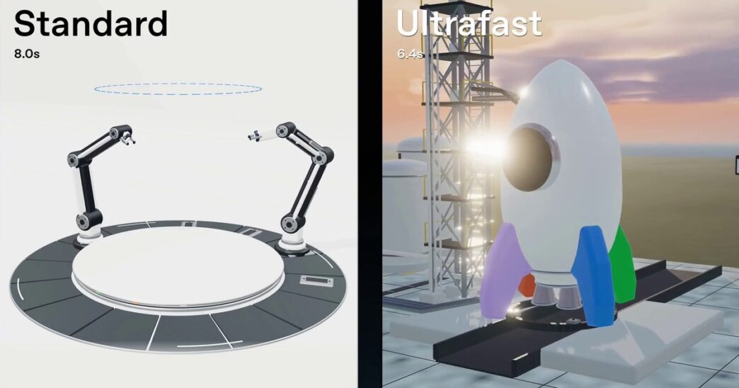 Split demo frame: a Standard panel showing two robot arms around an empty turntable beside an Ultrafast panel showing a white rocket on a launch pad