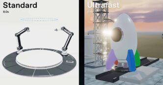 Split demo frame: a Standard panel showing two robot arms around an empty turntable beside an Ultrafast panel showing a white rocket on a launch pad