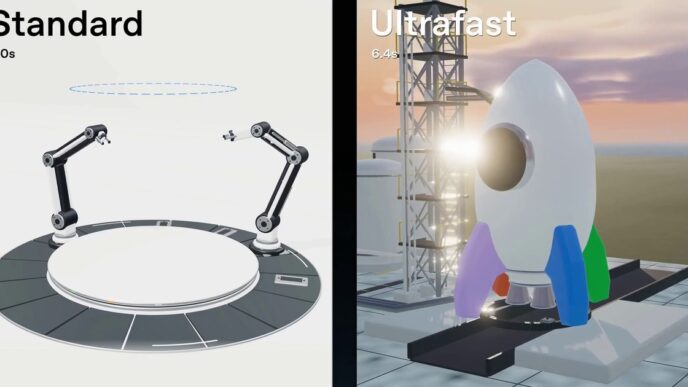 Split demo frame: a Standard panel showing two robot arms around an empty turntable beside an Ultrafast panel showing a white rocket on a launch pad