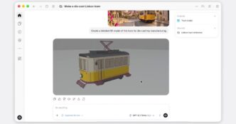 ChatGPT Work window showing a photo of a Lisbon tram, a 3D model of the yellow tram built from it, and the model picker set to GPT-6.1 Terra High